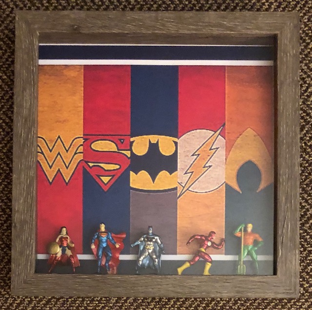 8 x 8, Shadow Box featuring Dye Cast metal Justice League, $25