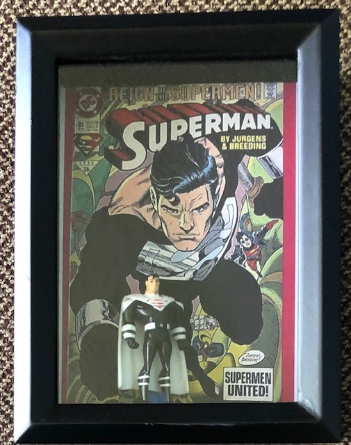Black suit Superman, background is first issue comic cover art of the black suit, deep 5 x 7, $20